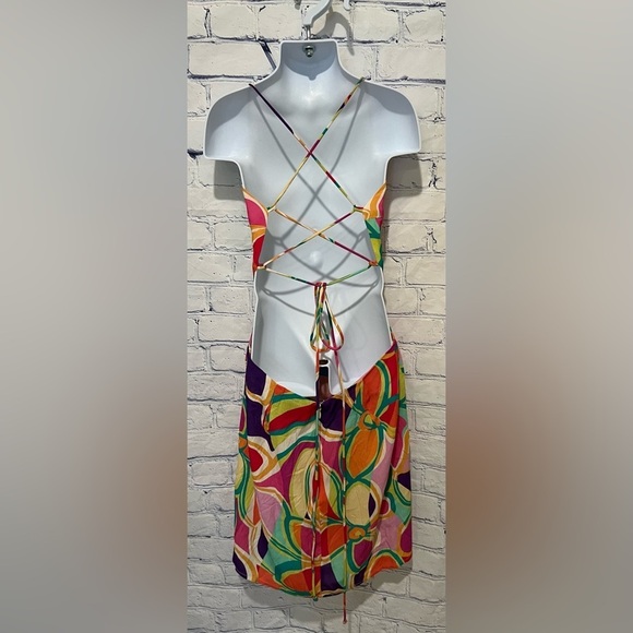 SKY TO MOON Colorful RETRO FLORAL Crepe DRAPE NECK Sundress Dress Girls large - Picture 3 of 7